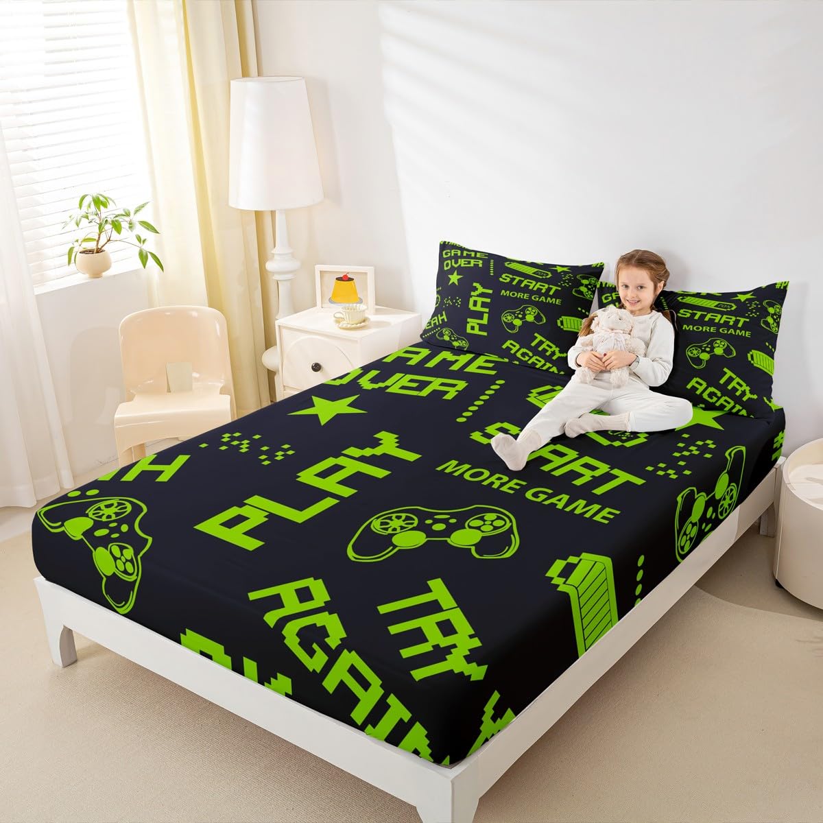 Erosebridal Games Fitted Sheet Twin Size Kids Boys Gamepad Gamer Bedding Set Gaming Sheet Set Gifts for Christmas Bed Cover Gamer Room Decor with 1 Pillow Case Green Black No Flat Top Sheet