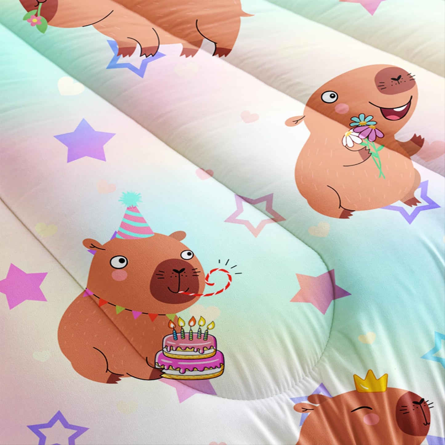 AILONEN Kawaii Capybara Comforter Set Full Size,Cute Cartoon Capybara Rainbow Bedding Set for Girls Kids,Lovely Animal Star Quilt & 2 Pillowcases-3 Pieces