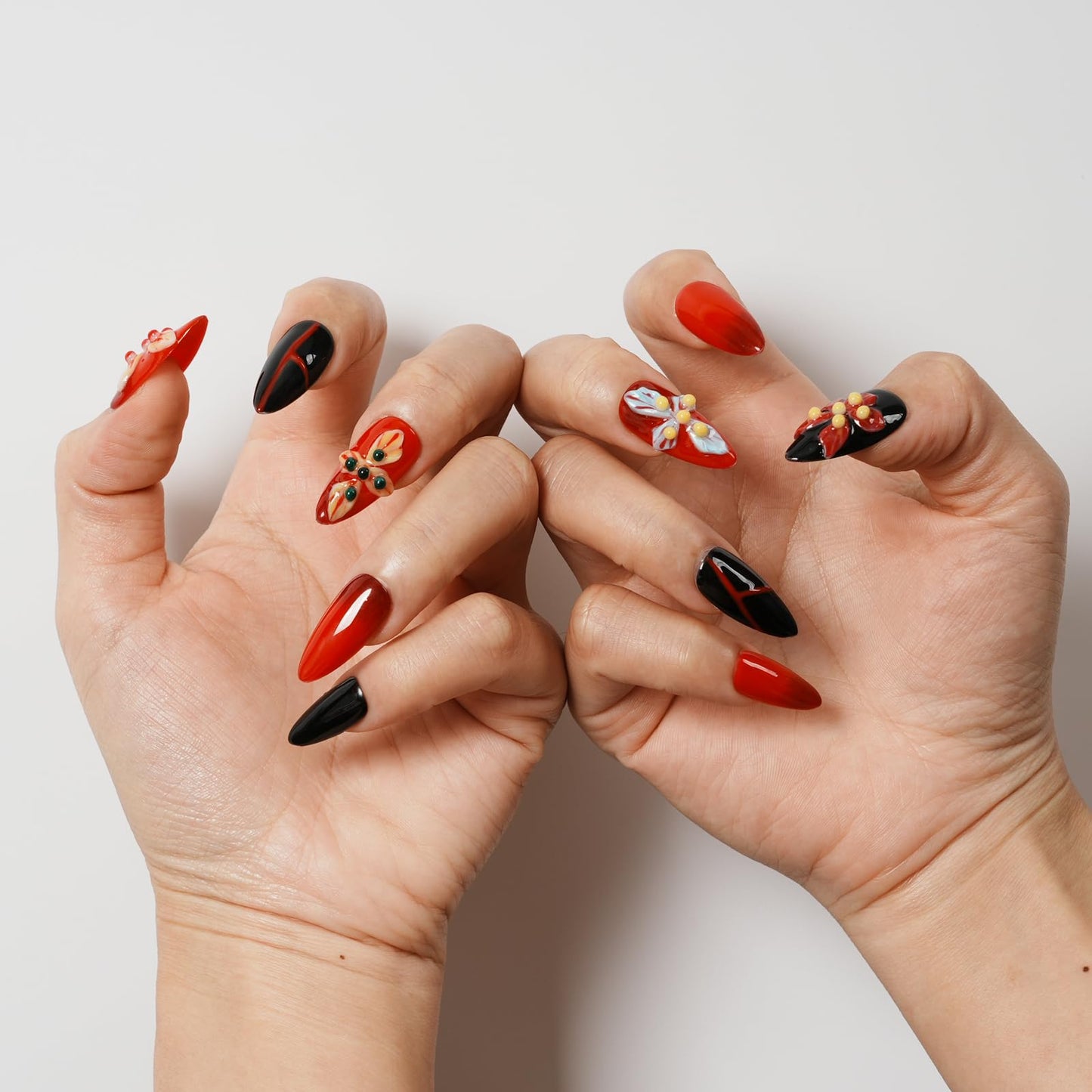 Tesytto Medium Almond Press On Nails, Red Black Gradient False Nails with 3D Embossed Colorful Flower, Reusable Glossy Y2K Fake Nails for Women & Girls (Crimson Flame,M)