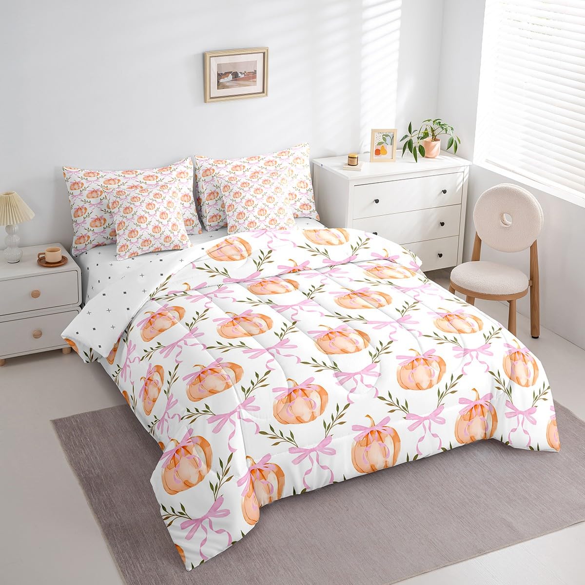 Castle Fairy 7 Pieces Fall Pumpkin Comforter Set Full Size,Pink Bow Grid Bedding Sets Kids Girls Boys Women Palm Leaves Nature Botanical Quilt + Fitted & Flat Sheets + 2 Cushion Cover + 2 Pillowcases