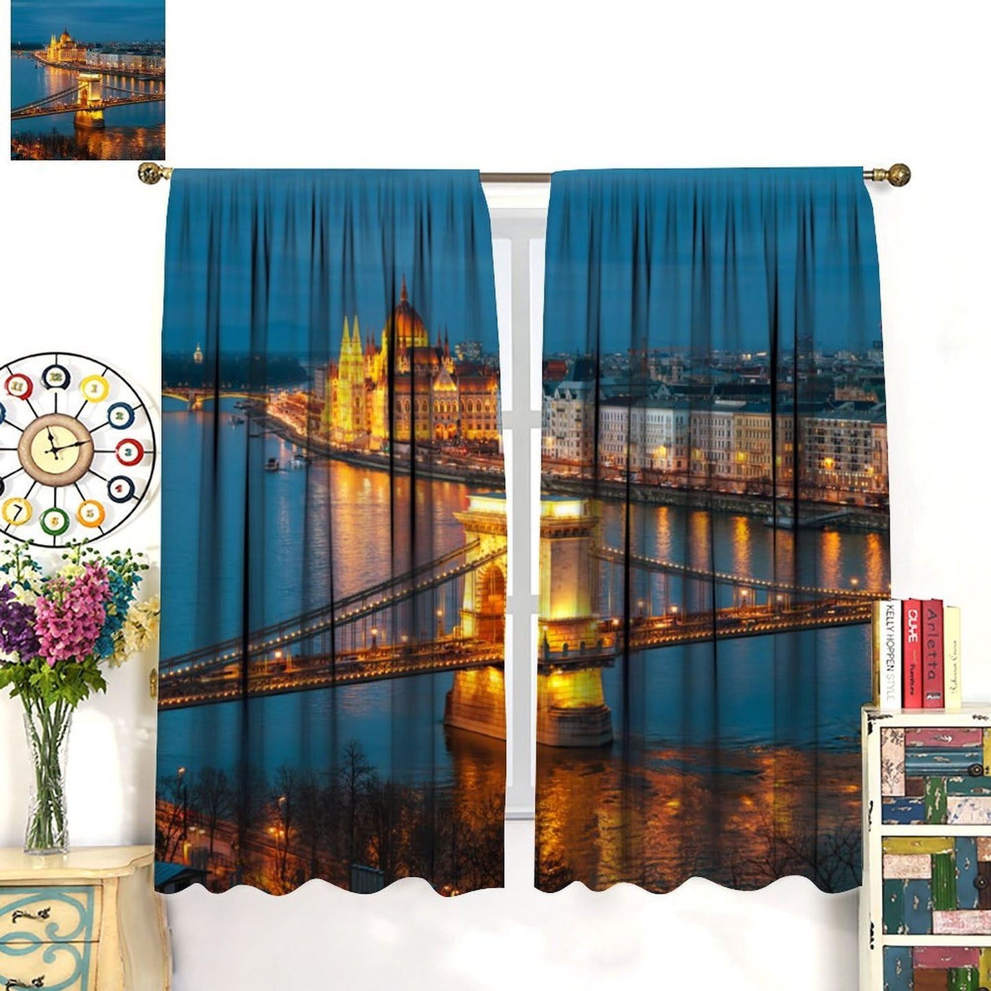 City Skyline Curtains, Blue Gold Bridge River Night View Print, Rod Pocket Light Filtering Window Drapes for Living Room Bedroom, 20.5" W x 44.5" L, 2 Panels （No Blackout）