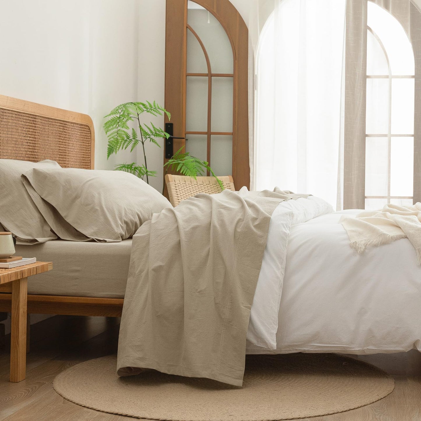 BESTOUCH Flat Sheet Only 100% Washed Cotton Linen Feel Wrinkle-Free, Fade-Resistant, Stain-Resistant, Bed Top Sheet, Solid Almond Milk Grey Queen