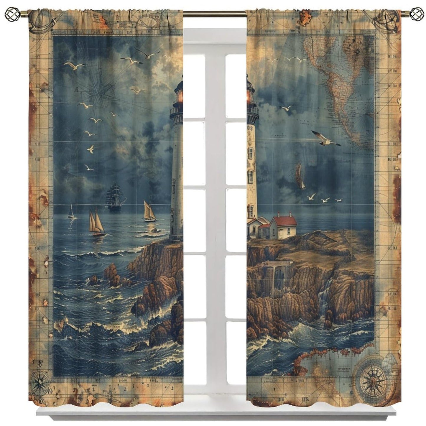 TOWINSFB Nautical Lighthouse Sailboats Blackout Curtains, Compass Ocean Island Home Decor Rod Pocket Window Drapes for Living Room Bedroom - 42" W x 45" L