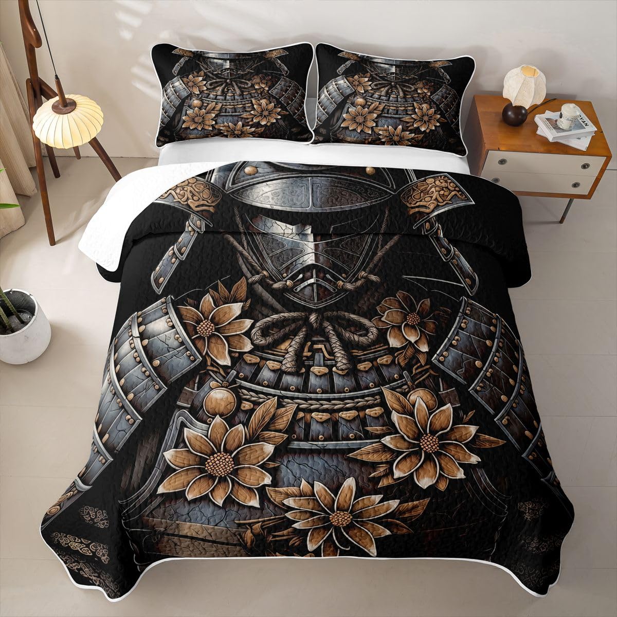 Erosebridal Japanese Samurai Quilts Twin Size - Armor Bedspread Coverlet Set, Ancient Japanese Style Quilt Coverlets 2Pcs (Only 1 Pillowcase)