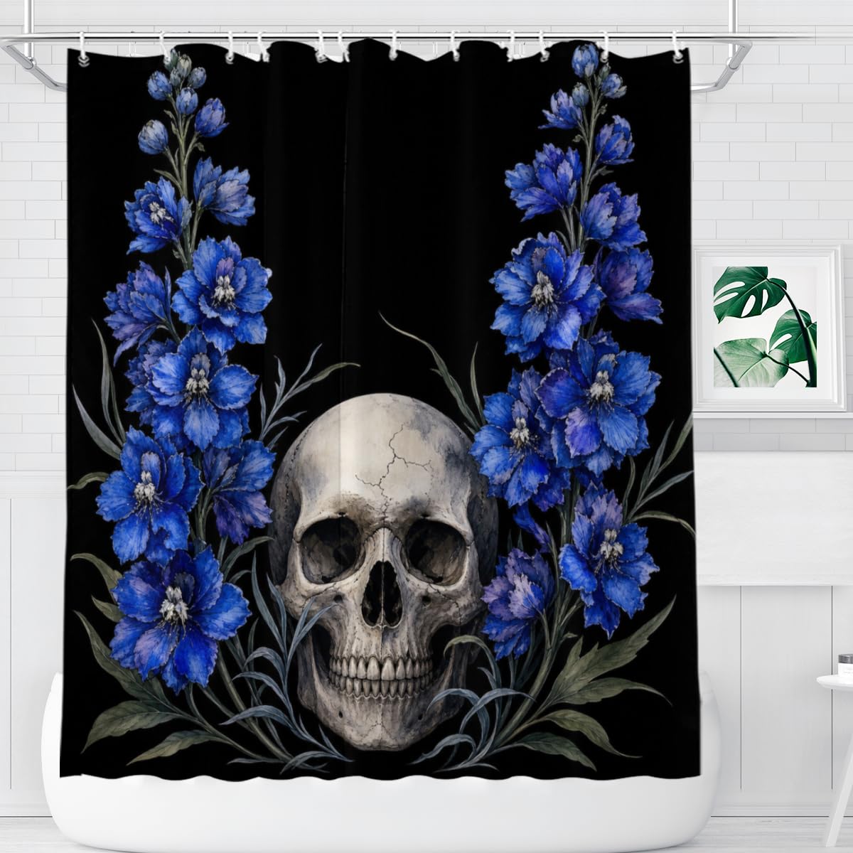 TopPacific Skull Blue Delphinium Shower Curtain 72x72 Inch Shower Curtain with 12 Hooks Polyester Skull Blue Delphinium Flowers Black Background Bathroom Decor