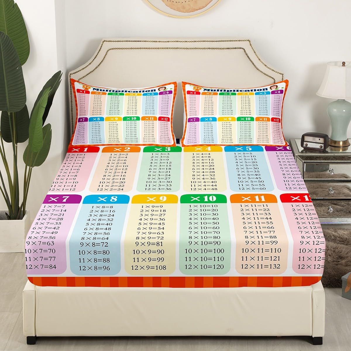 Multiplication Bed Sheet Set Twin, Math Games Fitted Sheet for Kids Educational Bedding Set Learning Time Bed Cover Lightweight Bed Set (No Flat Sheet)