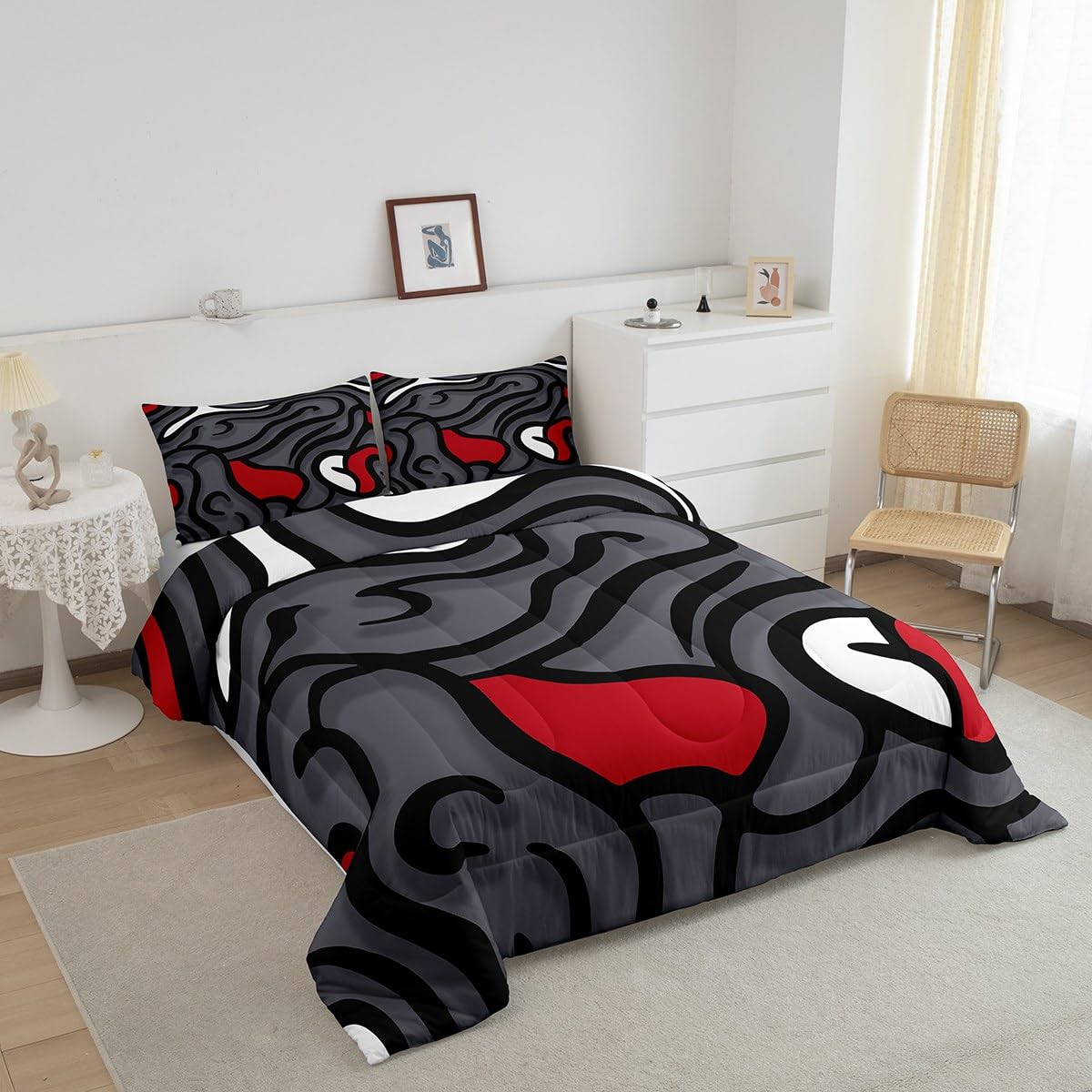 Feelyou Black Red Swirl Comforter Set Kids Abstract Comforter for Women Men Gray Trippy Geometric Bedding Set Breathable Quilted Room Decor Duvet Set Queen Size