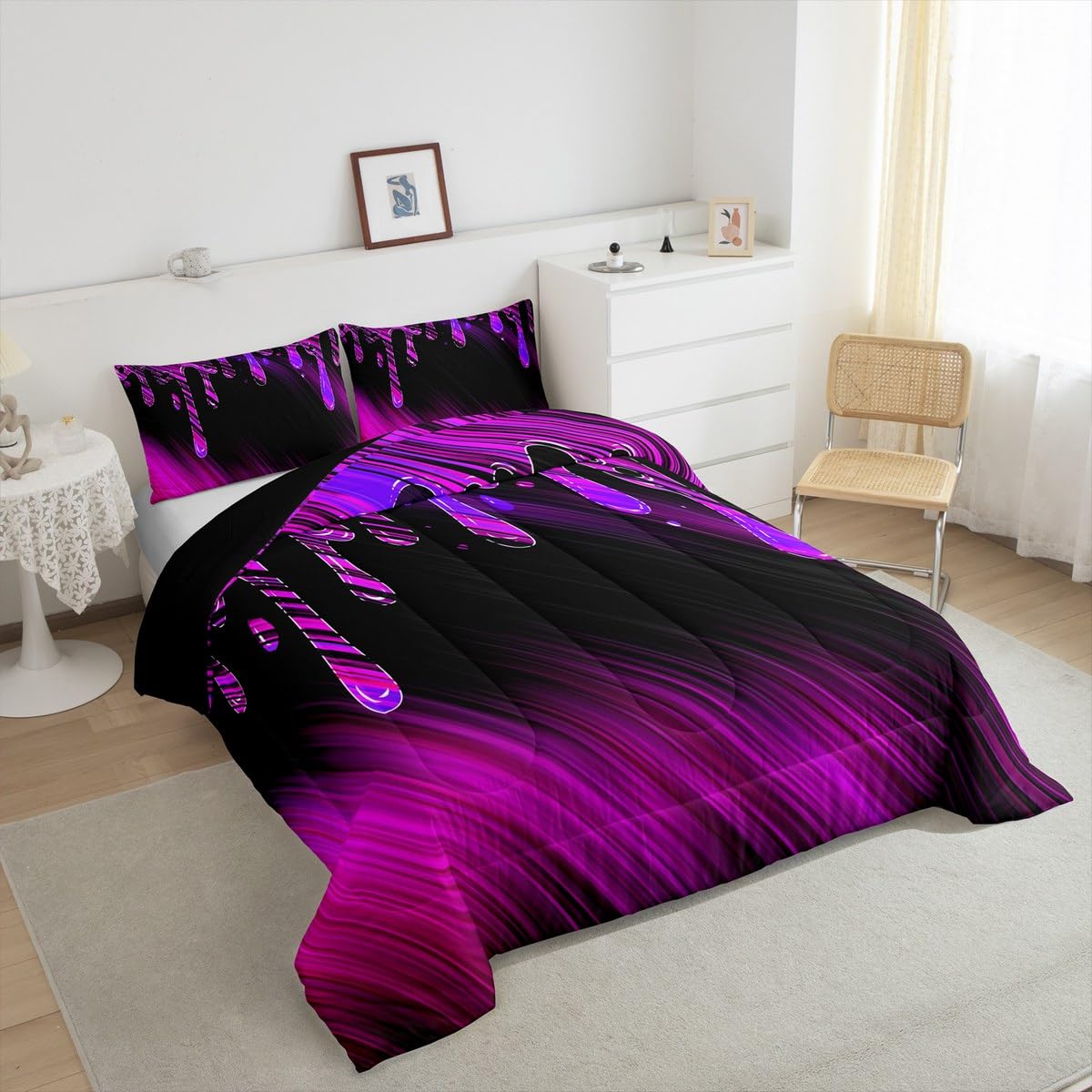 Feelyou Abstract Bedding Set Kids Ombre Purple Black Reversible Comforter Set Modern Art Comforter for Women Men Room Decor Drop-Shaped Duvet Set Full Size with 2 Pillow Case