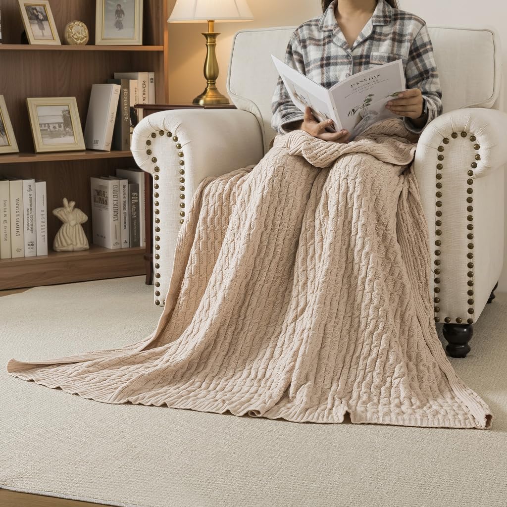 WDCOZY Cable Knit Throw Blanket – Super Soft, Warm & Lightweight Knitted Jacquard Throw Blanket for Couch, Sofa, Bed, Chair, Cozy Texture Farmhouse Decorative Home Blanket, Beige 50x60 inches