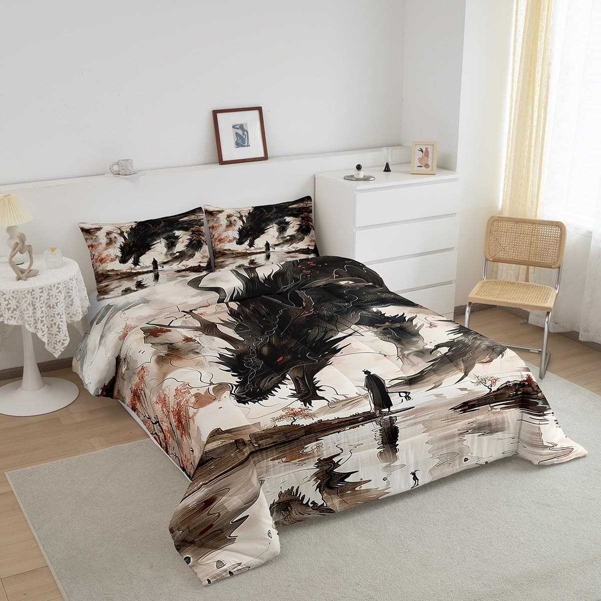 Feelyou Dragon Comforter Set King Size Japanese Style Comforter for Boys Girls Teens Samurai Bedding Set Japanese Ukiyoe Duvet Set Room Decor Black Beige Quilt Set