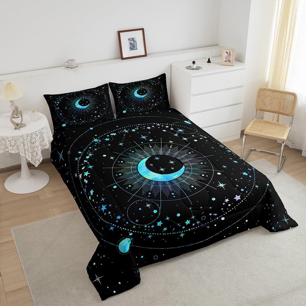 Homewish Stars and Moon Comforter Set,Blue Galaxy Bedding Set for Kids Girls Women,Adults Space Starry Sky Comforter,Constellation Quilted Duvet Set Bedroom Collection Twin Size 2Pcs
