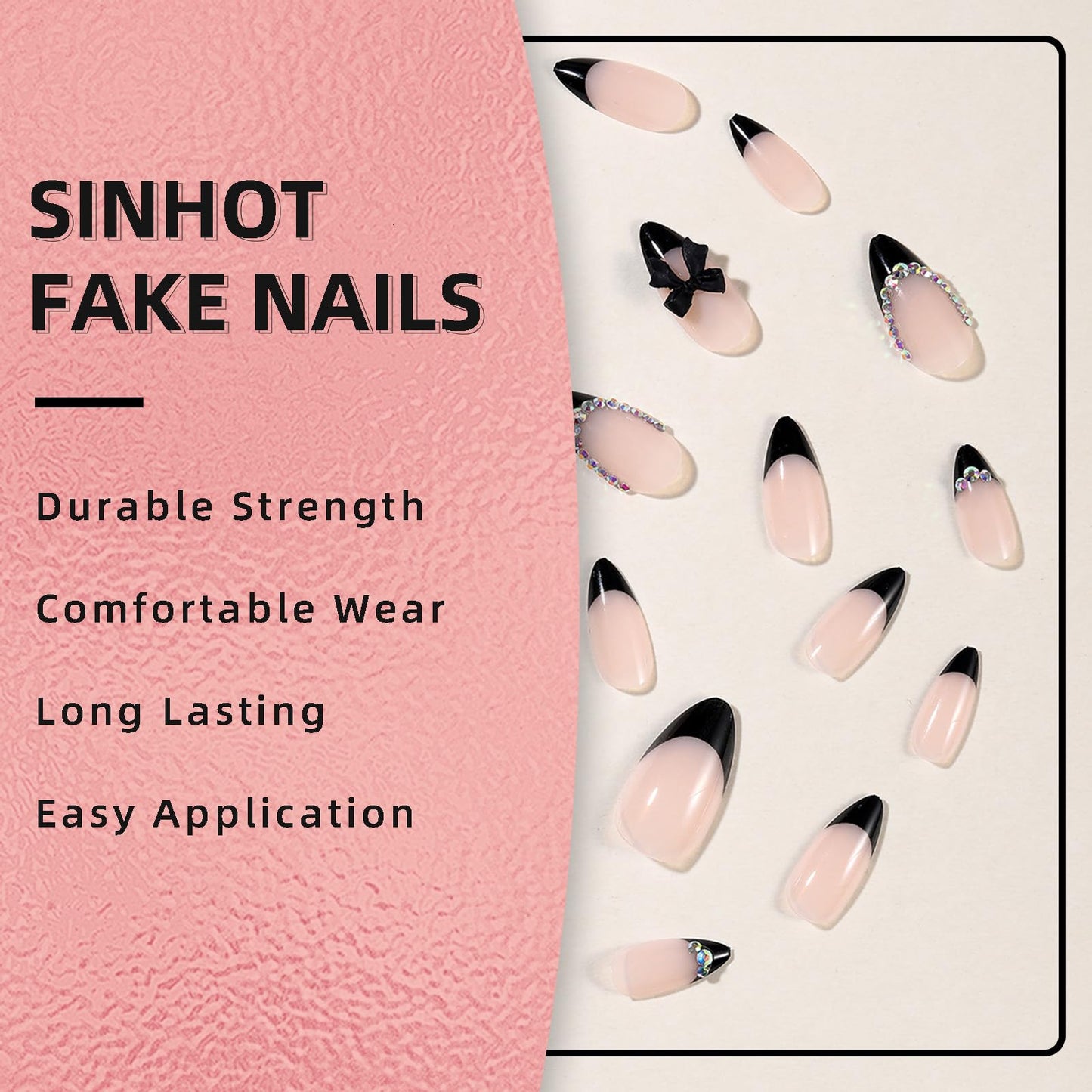 SINHOT Almond Press on Nails - Medium Fake Nails, Glossy Finish, 3D Black Bow & Rhinestones, DIY Artificial False Nail Art - 24 Pcs Nail Kit with Glue