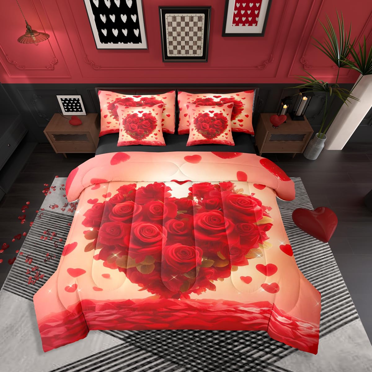 Erosebridal Romantic Red Roses Queen Bed in A Bag 7 Piece Valentine Day Comforter Set with Sheets Love Heart Pattern Rose Bedding Sets for Women Men Adults,Cute Love Heart Florals Bed Set