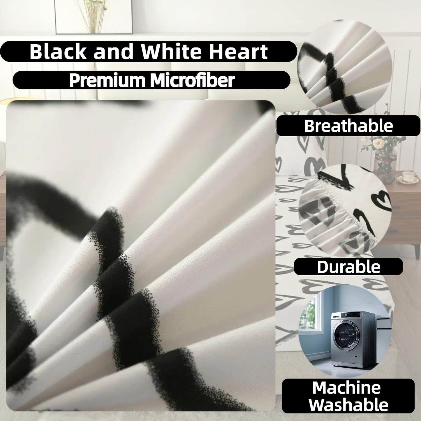 SDIII 4 Pieces Love Heart Sheets Set Twin, Soft Microfiber Black and White Heart Sheets Twin, Romantic Hearts Bedding Sheet Shrink and Fade Resistant