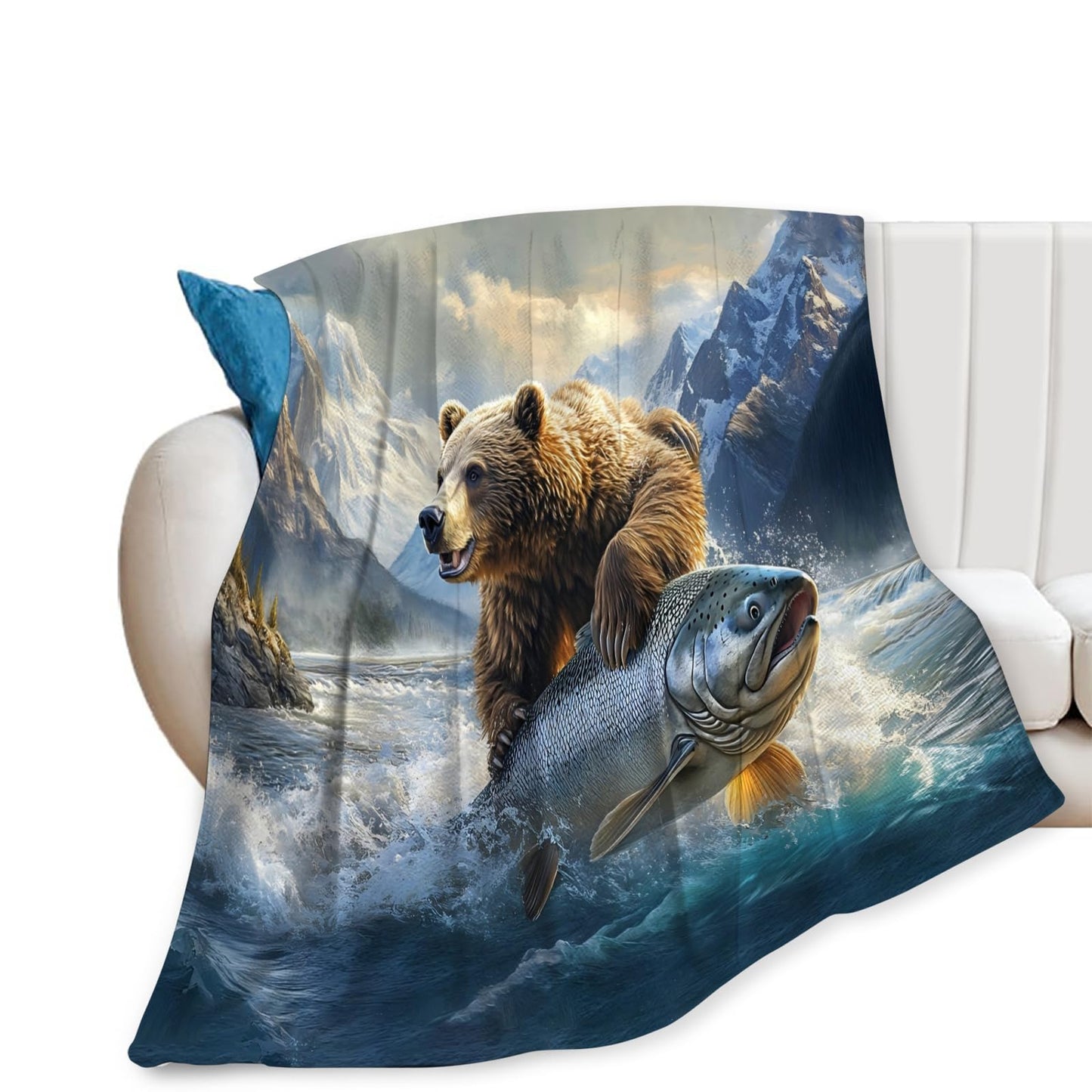 Tijuboni Bear Fish Throw Blanket Cabin Bear Gifts for Women Men Girls Boys Kids Adults Soft Flannel Fleece Blanket for Couch Sofa Bed Home Decor 40"x50"