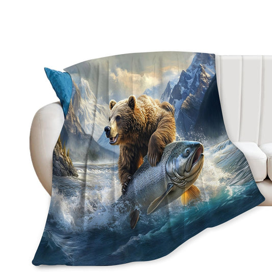 Tijuboni Bear Fish Throw Blanket Cabin Bear Gifts for Women Men Girls Boys Kids Adults Soft Flannel Fleece Blanket for Couch Sofa Bed Home Decor 40"x50"