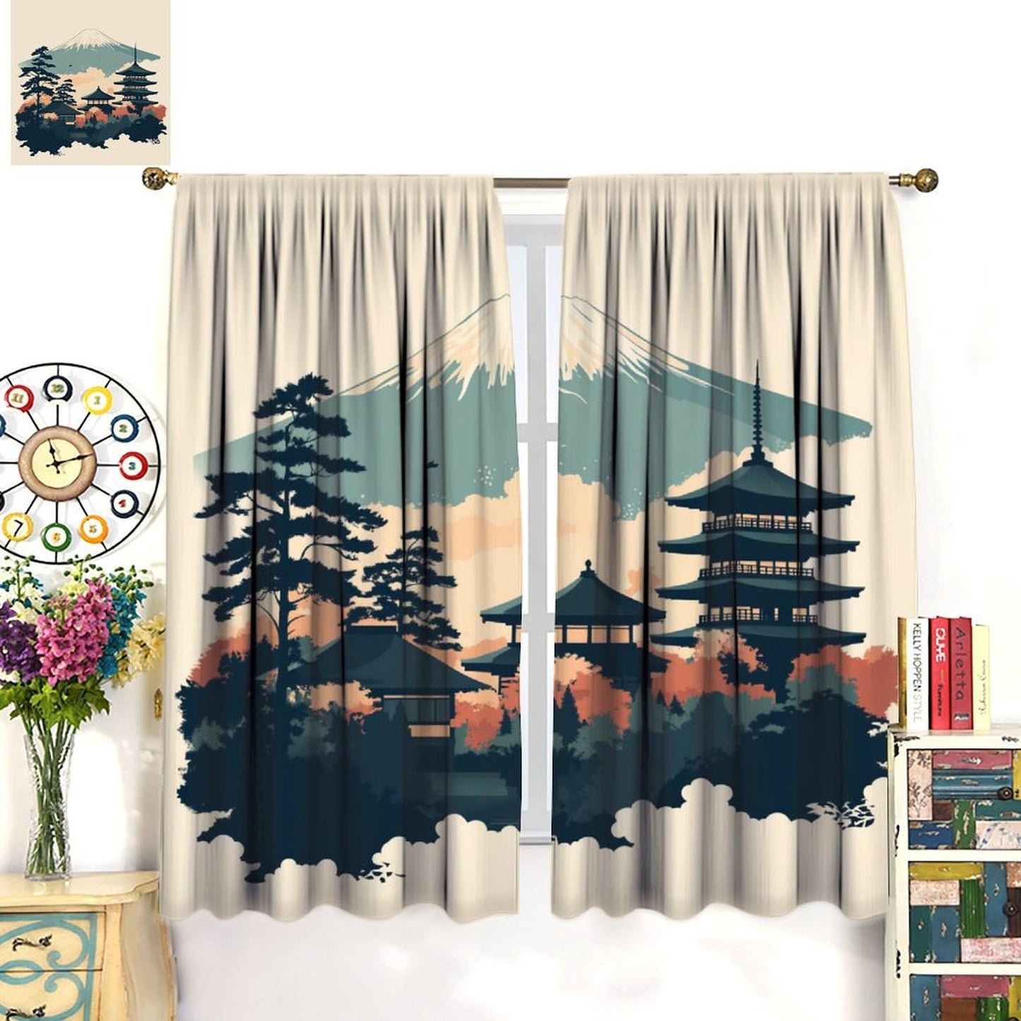 DIPQIMI Ancient Architecture Mountain Blackout Curtains for Bedroom/Living Room, Tree Natural Landscape Curtains Rod Pocket Thermal Insulated Window Drapes, 2 Panels/Each 21" W x 45" L