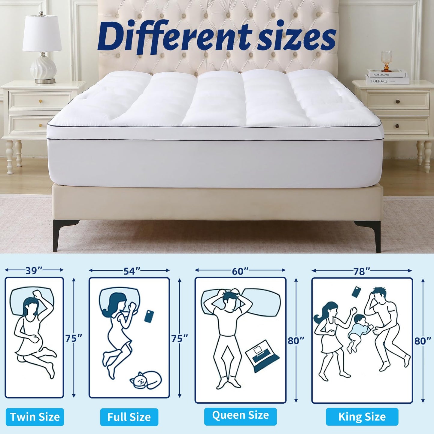 Thick Mattress Topper Queen with Deep Pocket, Extra Pillow Top Mattress Pad, Breathable & Cooling Mattress Cover, Fits 8-21 Inch, Soft Support for Back Pain Relief, Mattress Protector (Queen, White)