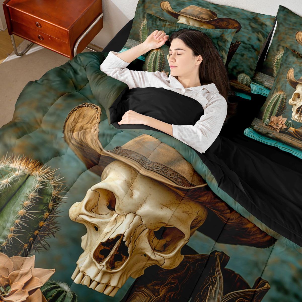 Erosebridal Cowboy Hat 7 Piece Bedding Set Queen Sugar Skull Comforter Set with Sheets Withered Flower Boots Cactus Farmhouse Bed in a Bag Western Theme Bronze Boho for Teens Men Women
