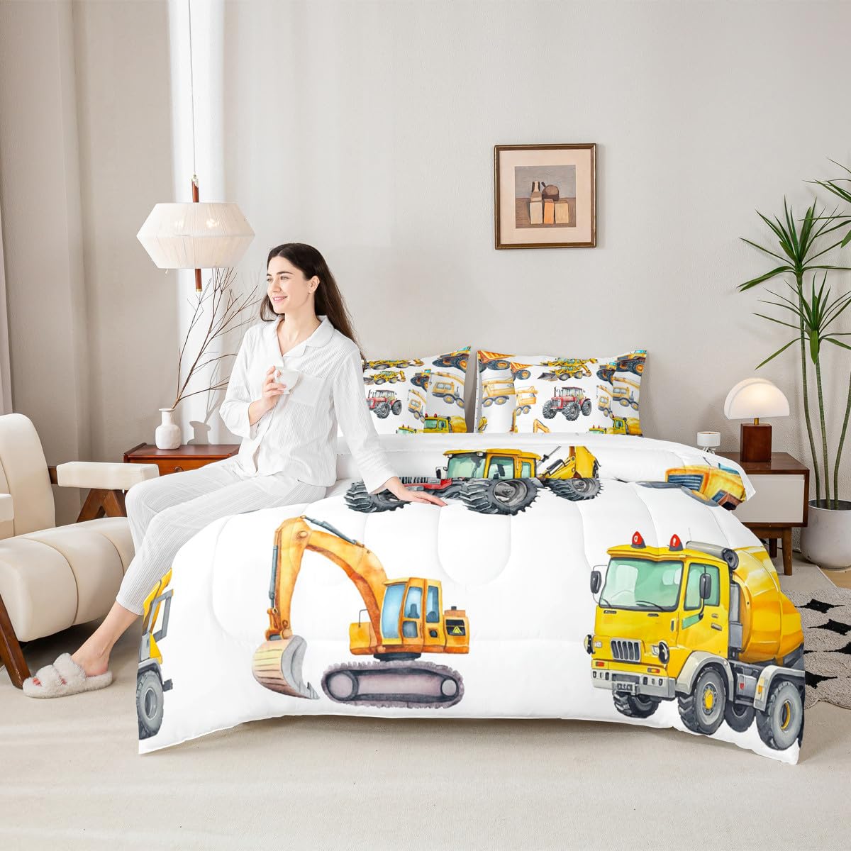 Erosebridal Kids Excavator Bedding Set Twin 7 Piece Retro Truck Comforter Sets Tractor Construction Vehicle Bed in A Bag with Sheets Crane Digger Mixer Bed Set for Kids Boys Teens Child Room