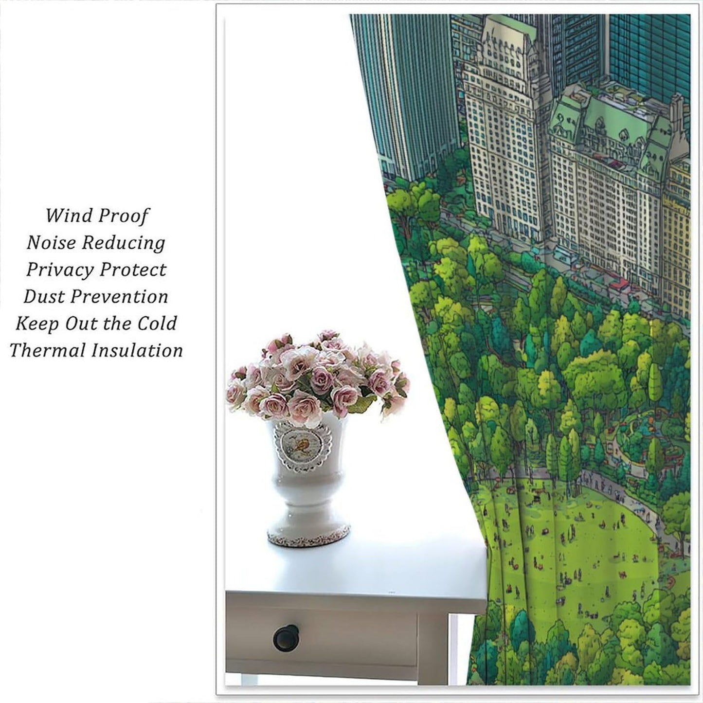 WDHTEXT Nature City Building Tree Blackout Curtains, Thermal Insulated Green River Rod Pocket Window Drapes for Living Room Bedroom Decor, 2 Panels, Each 21W x 45L