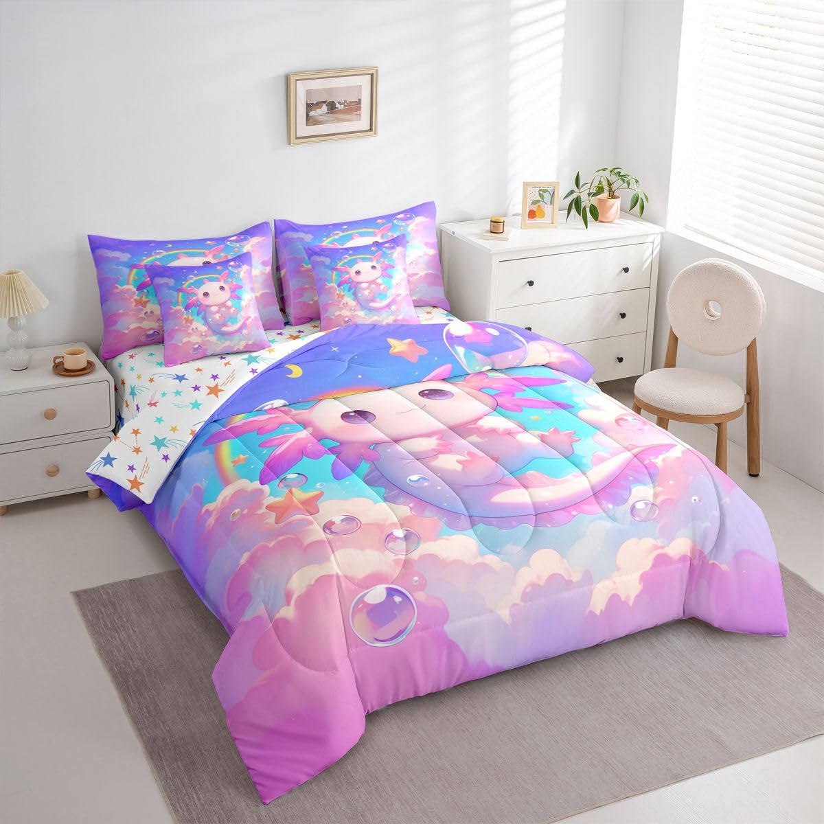 Erosebridal Kids Pink Axolotl Twin Size Bedding Set Princess Cute Axolotl 7 Pieces Comforter Set with Sheets for Girls Teens Dreamy Stars Rainbow Bed in a Bag Bubble Blue Sky Cloud Bed Sets