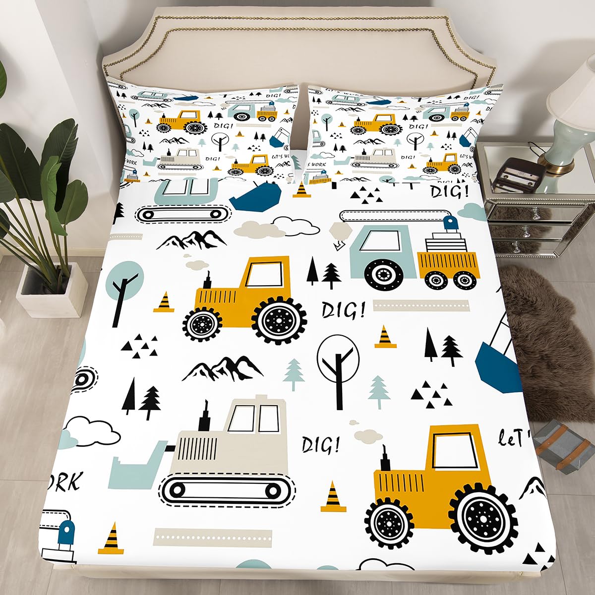 Cartoon Car Kids Sheet Set Construction Bed Sheets Set Decor Equipment Trucks Sheets with Deep Pocket Fitted Sheet Cartoon Car Excavator Tractor White Yellow Bedding Set Bedroom Quilt Cover 4Pcs Full