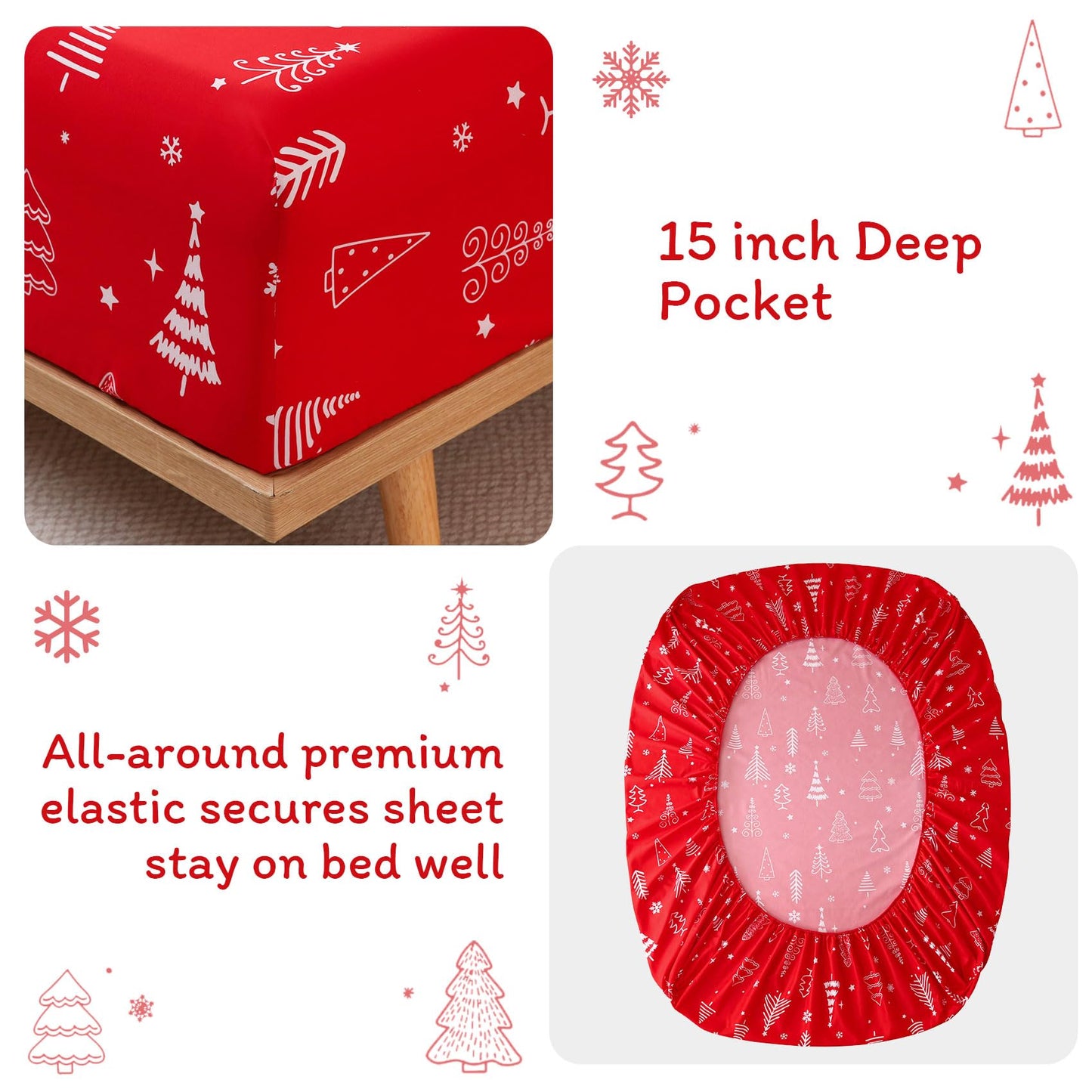 JSD Red Christmas Tree Kids Sheet Set Twin Size, 3 Piece Soft Printed Microfiber Sheets Deep Pocket