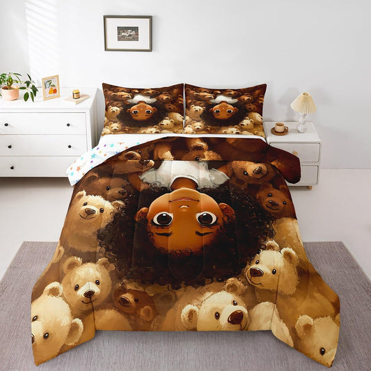 jejeloiu Kids Cute Black Girl Comforter Set Queen Size African American Girl Bedding Set for Boys Girls Bear Duvet Set Quilt Set,1 Comforter+ 2 Pillow Shams（No Glitter）