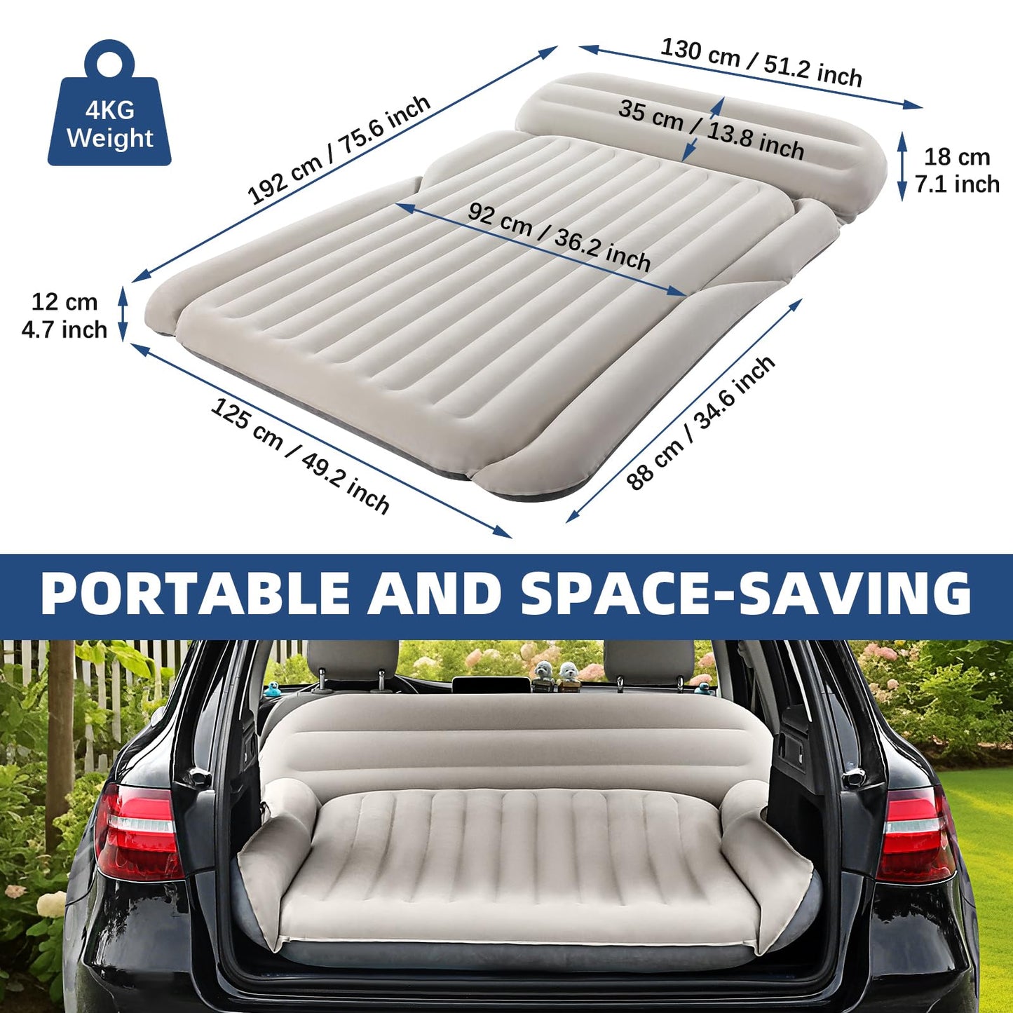 KMZ SUV Air Mattress Thickened Double Flocking Camping Mattress Upgraded Portable Sleeping Car pad Comfortable Inflatable Travel Bed with External Pump and 2 Pillows（Off-White and Light Gray）