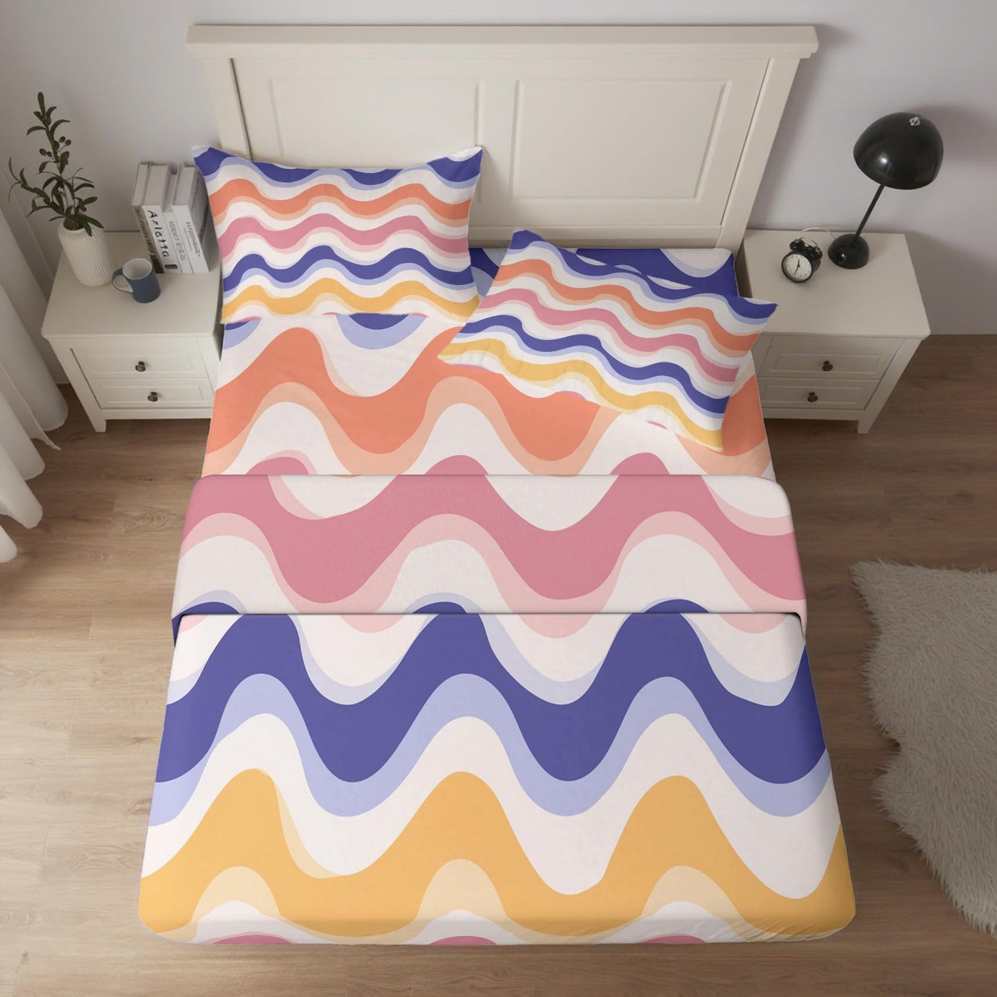 NOGAWA 70s Retro Sheets Full, Abstract Waves Bed Sheets, Colorful Bedding Sheets, Soft Microfiber Deep Pocket Fitted Sheet, Flat Sheet, 2 Pillowcases