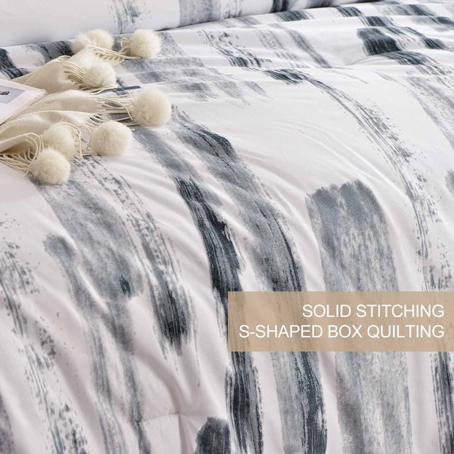 Nanko Queen Comforter Set 3pc, Art Grey White Printed Pattern Reversible Down Alternative Microfiber Bedding - All Season Duvet and 2 Pillowcases Bed Sets Modern for Women Men, Size 88 x 90 Gray