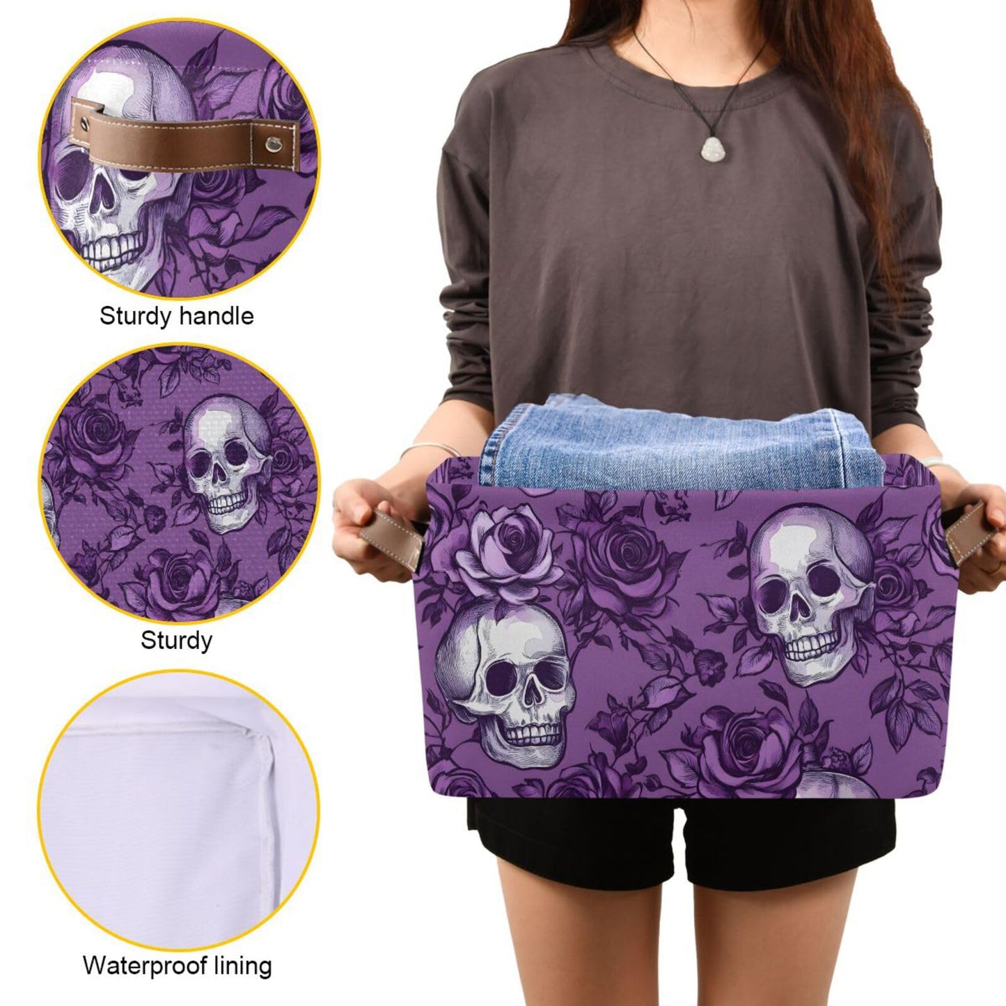 Purple Rose Skull Shelf Storage Baskets,Foldable Storage Bins with Handles,Rectangular Organizer Bin Gift Baskets Decor for Bedroom Home Office