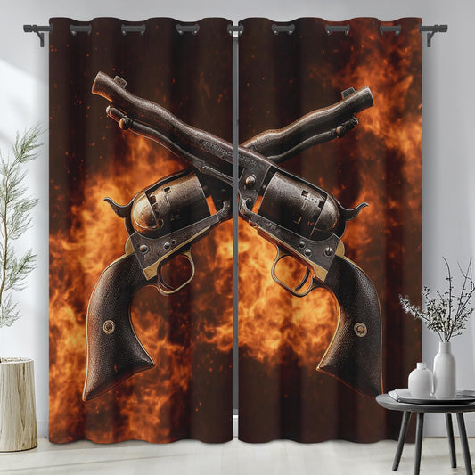 Western Old Pistol Blackout Curtains for Bedroom Decor, Flame Revolver Gun Curtains 54 Inch Length Grommet Curtains, Vintage Cowboy Drapes Thermal Insulated for Living Room 2 Panels Set SG&68