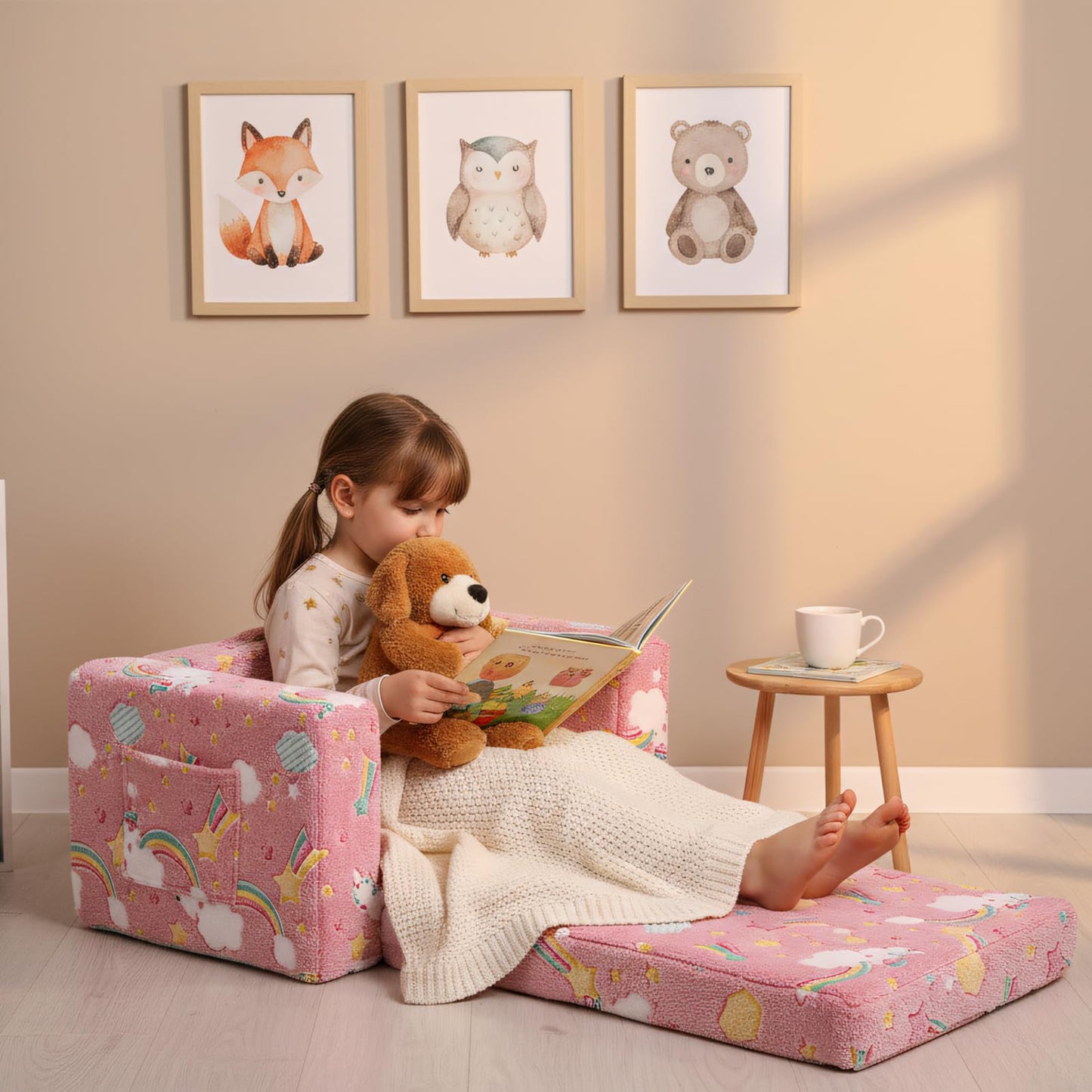 Givjoy Kids Sofa Toddler Chair, Children Couch with Side Pockets 2 in 1 Glow in Dark Armchair with Removable and Washable Cover Carrying Handle Kids Reading Sofa for Playroom, Pink Rainbow