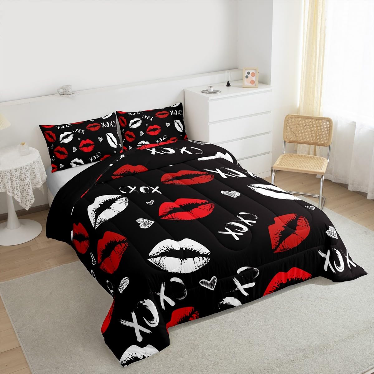 Feelyou Kiss Comforter Set Queen Size Soft Feminine Red Lips Bedding Set with Pillow Case Decor Girls Women Sexy Mouth Comforter for All Season Boys