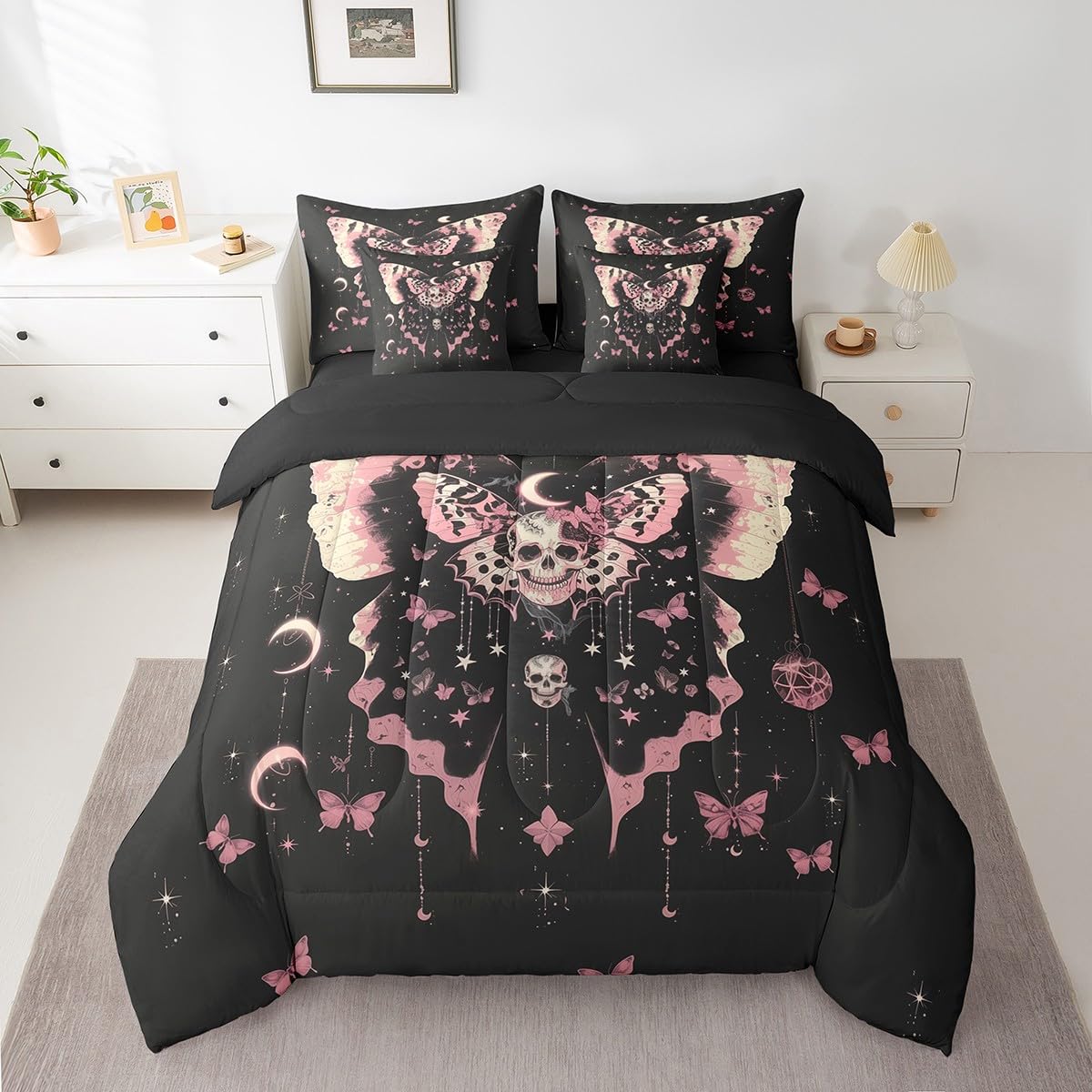 Feelyou Death Moth Skull Heads 7 Piece Bedding Set Twin Size Halloween Decor Comforter Set with Sheets for Kids Boys Girls Adult Moon Butterfly Bed in a Bag Black Pink Bed Set