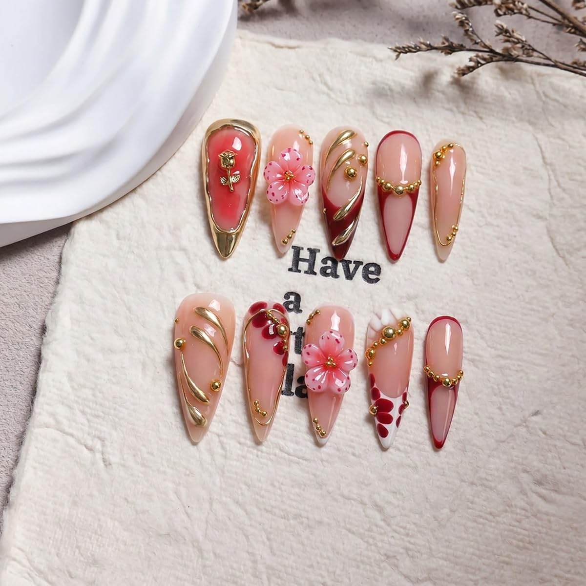 Long Stiletto Press on Nails Handmade False Nails Red French Tip Fake Nails with 3D Flower Gold Line Designs Sparkly luxury Artificial Nails for Women 10pcs (Size M）