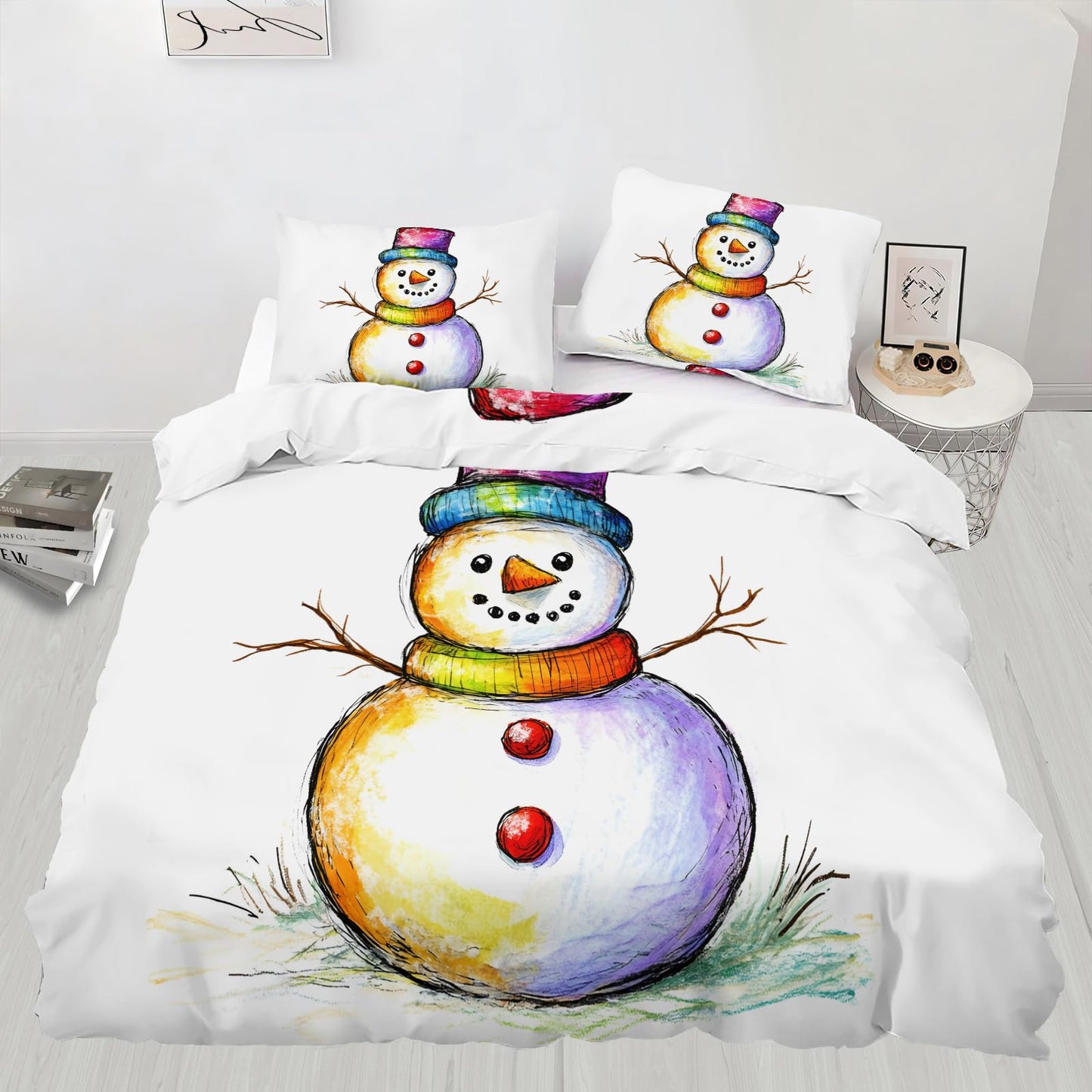 Snowman Duvet Cover Twin Size, Painted Snowman Comforter Cover Christmas Bedding Set 3 Piece with 2 Pillow Sham with Zipper Closure 68" x86"