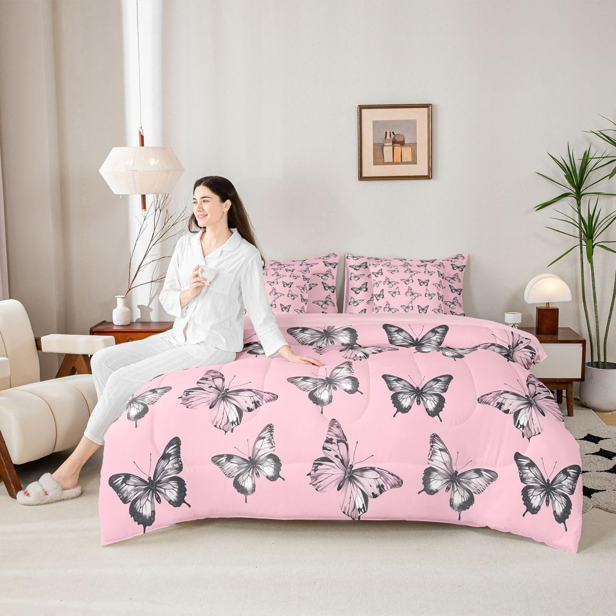 Erosebridal Butterfly Silhouette 7 Piece Bedding Set Twin Black Wild Animal Comforter Set with Sheets Pink Tie Dyed Bed in a Bag Nature Butterfly Animals Bed Sets Comforter