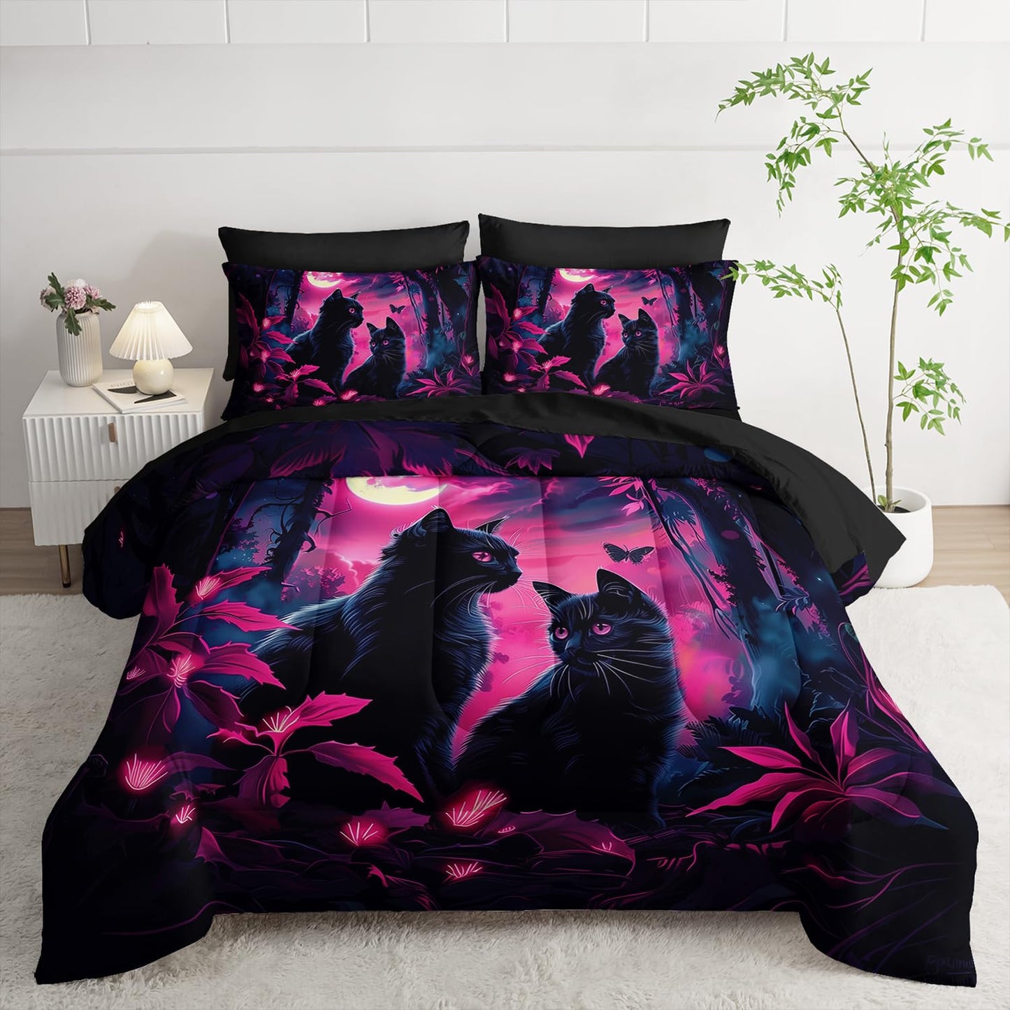 AILONEN 7-Piece Black Cat Comforter Sets Twin Size,Mother Son Kitten Bedding Set Bed in a Bag for Kids,Boho Style Comforter & Fitted Sheet with Flat Sheet & 2 Pillowcases,2 Pillow Shams