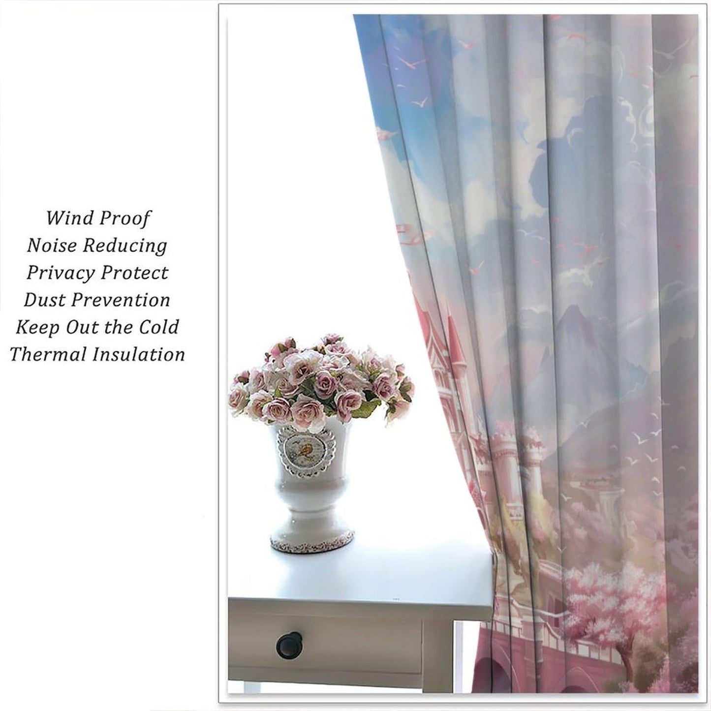 HZOHNAGO Castle Curtains Cherry Blossom Pink Dreamy Castle Birds Mountain Pattern for Girls Room Decoration Print Decor Rod Pocket Window Drapes for Bedroom Living Room 42x45in