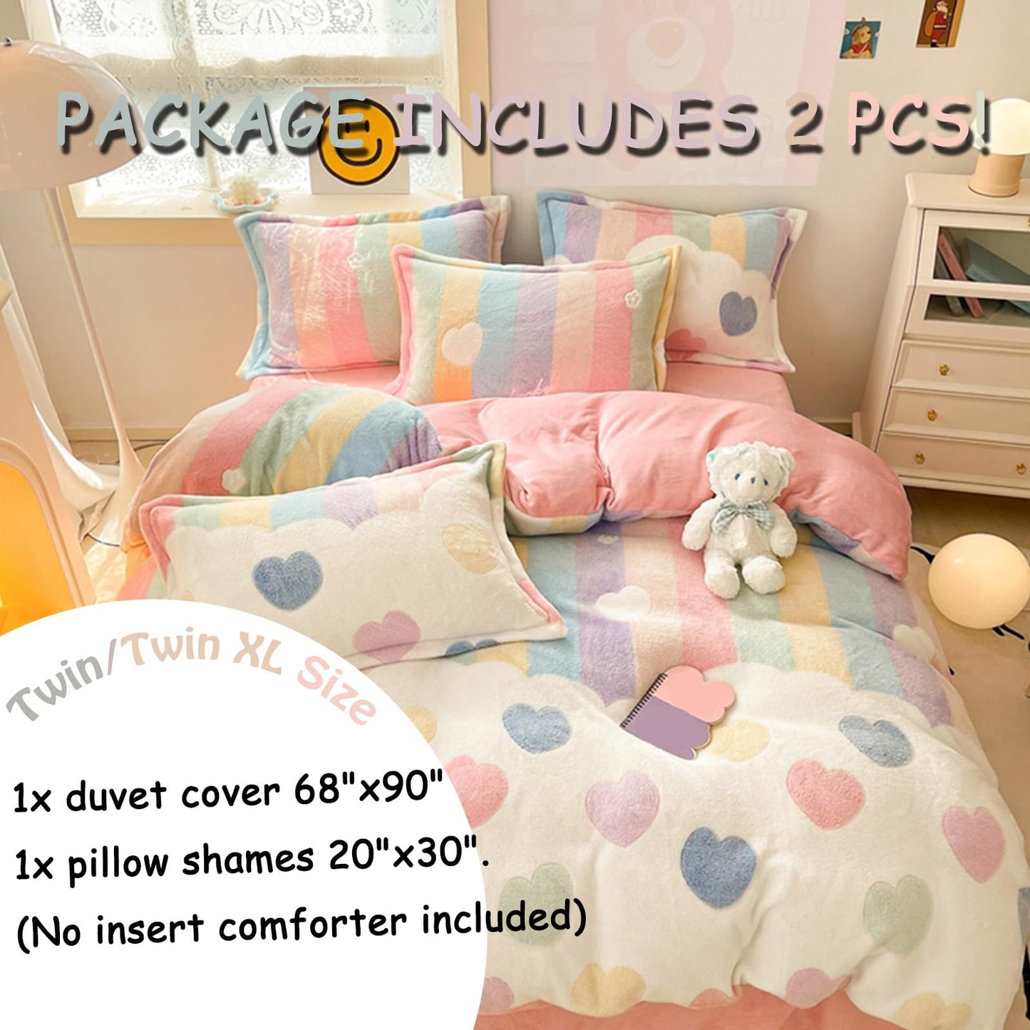 MorroMorn Twin Bedding Sets, Pink Rainbow Duvet Cover Set, Fluffy Comforter Covers Blanket Ultra Soft Kawaii Cute for Girls Kids Toddler Teen Women Twin/Twin XL Size
