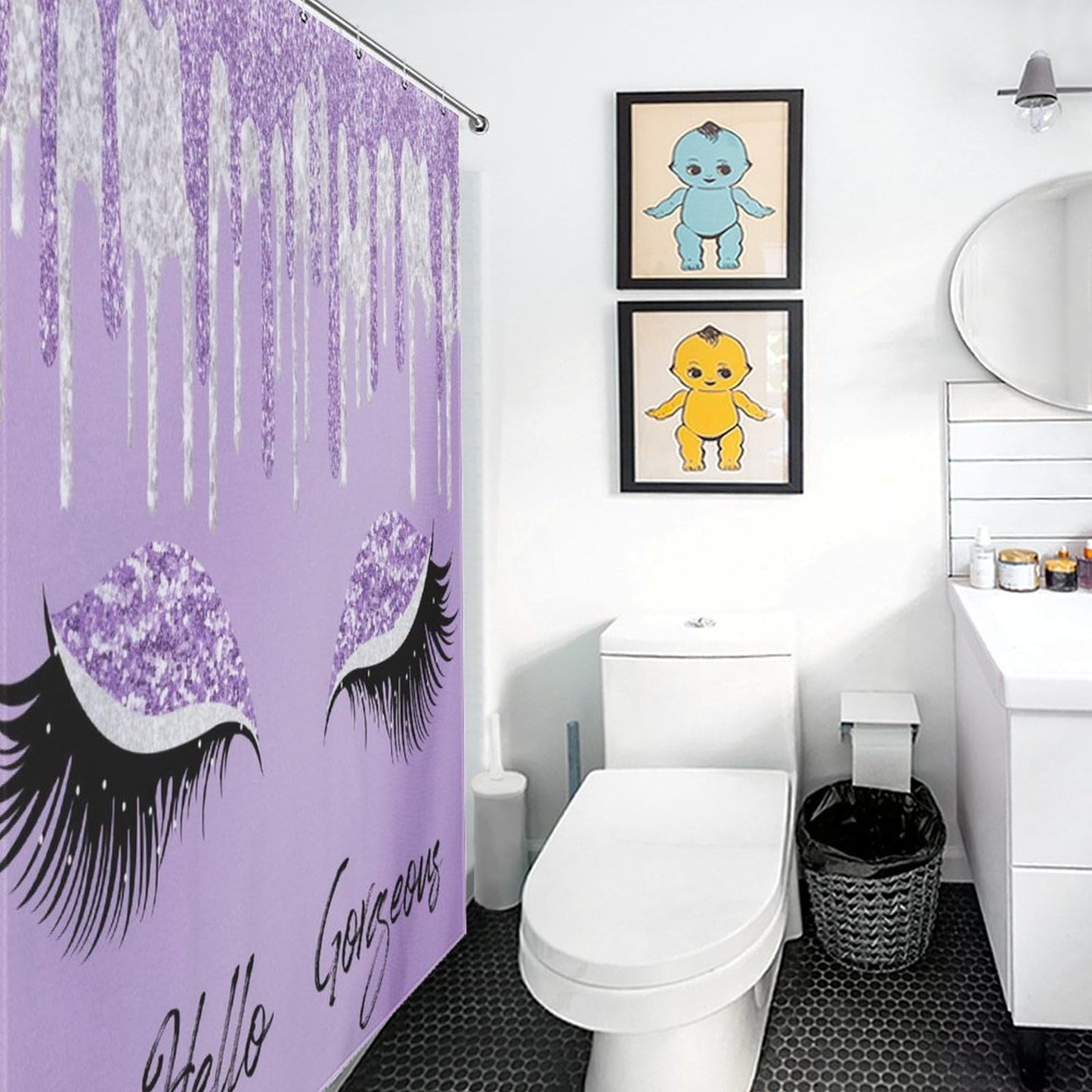 TYVGICZ Eyes Eyelash Shower Curtains Purple Silver Pretty Eyelash Hello Gorgeous (No Glitter No Sequin) Print Polyester Fabric Bath Curtains for Women Female Bathroom Decor,66x72 Inch Purple