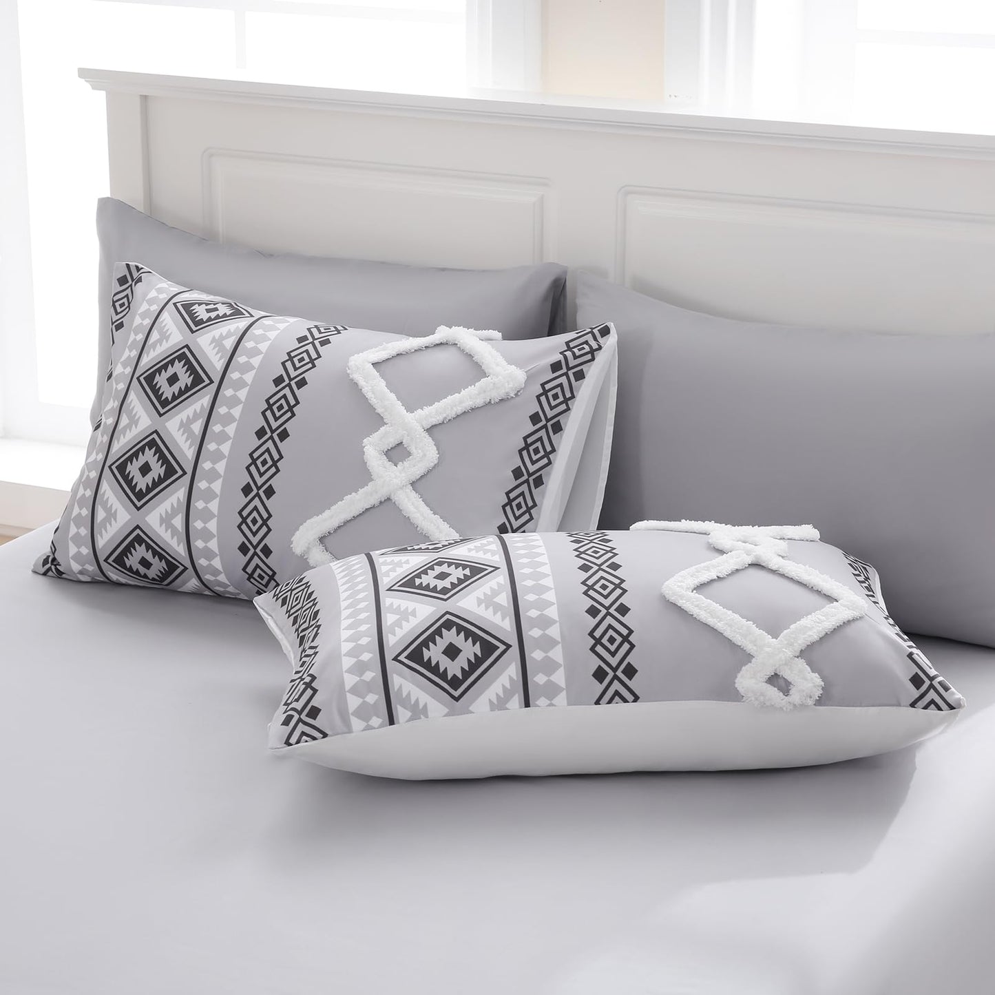 MOVE OVER Gray Tufted Comforter Set Queen Size 7 Pieces Bed in A Bag Farmhouse Bedding Comforter Sets Boho Aztec Sheet Set and Comforter Set Modern Boho Tufted Bedding Set for All Seasons
