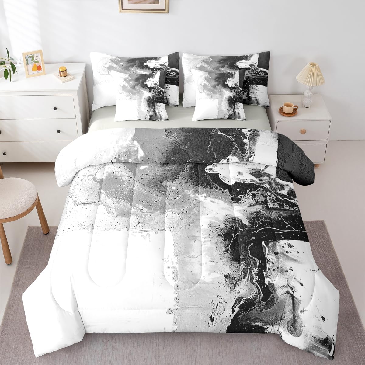 Feelyou Abstract King Comforter Set with Sheets for Kids Boys Girls Modern Abstract Art 7 Pieces Bedding Set Luxury Bed in a Bag Geometric Room Decor White Gray Soft Lightweight Microfiber
