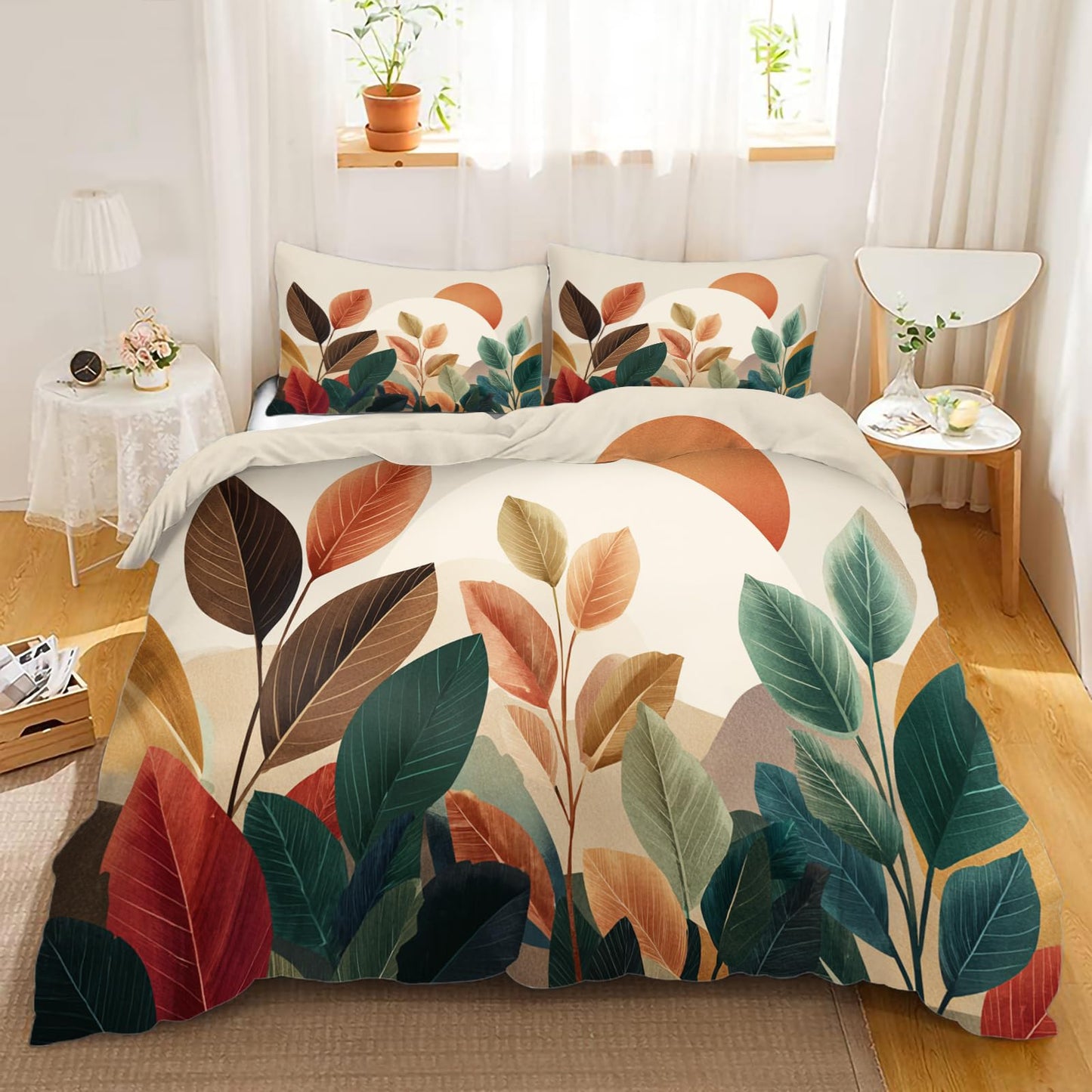 Boho Duvet Cover Set 3 Pieces California King, Mid Century Modern Abstract Botanical Sun and Leaves Bedding Set, Soft Microfiber Comforter Cover with 2 Pillow Shams
