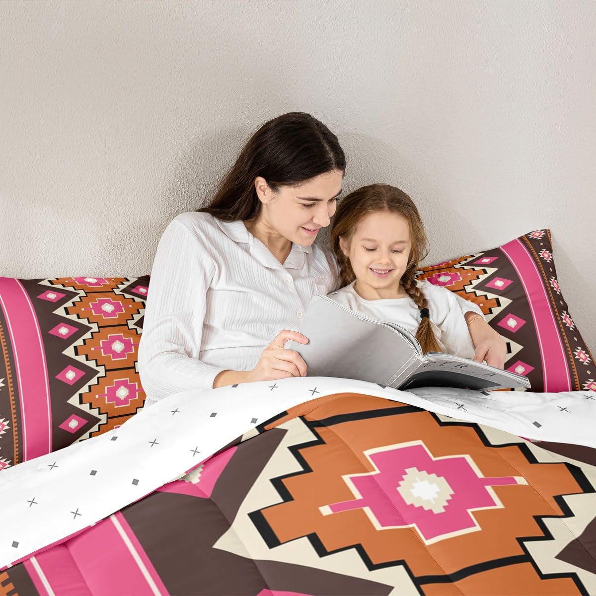 Feelyou Boho Aztec Comforter Set Twin Size West Bedding Set for Kids Boys Girls Pink Brown Duvet Quilt Western Bedroom Decor Microfiber 2 Pcs with 1 Pillow Cases