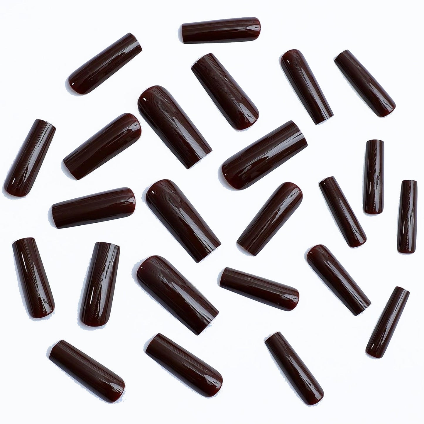 MERVF Long Square Press on Nails Brown Fake Nails Solid Color Glue ons Fall Squoval Acrylic False Nail with Design Glossy 24pcs
