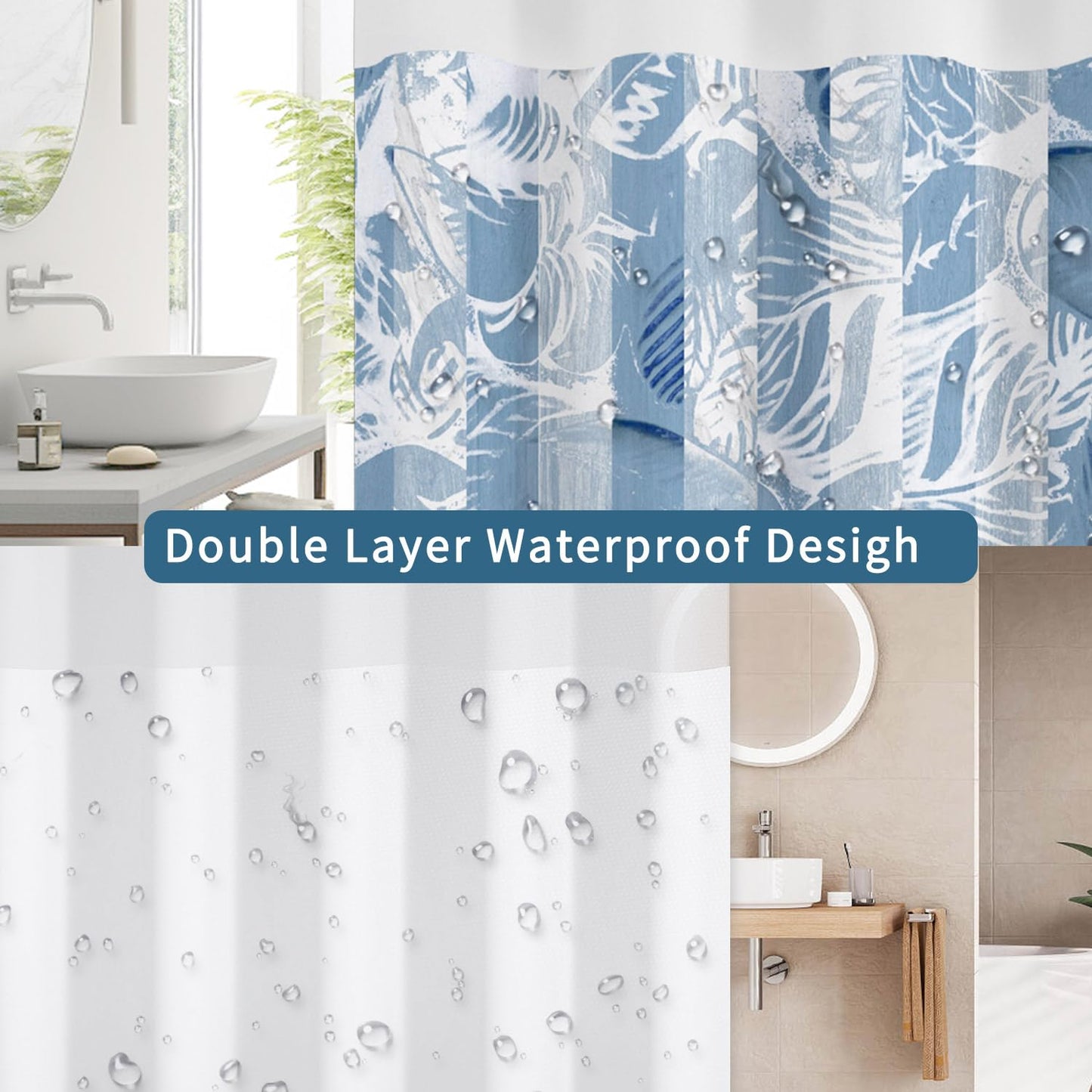 NAEMBCU Blue Striped No Hook Shower Curtain with Snap in Liner Set 71x74in